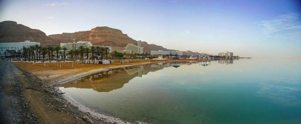 Scenic view of beach hotels on shores of the Dead Sea, panoramic view, Neve Zohar, Israel