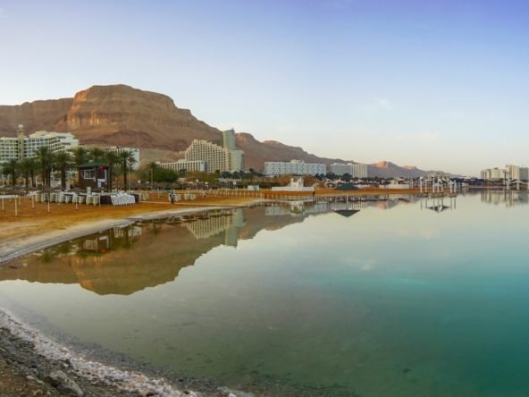 Scenic view of beach hotels on shores of the Dead Sea, panoramic view, Neve Zohar, Israel